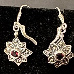 Elegant Sterling Silver and Red Garnet Floral Earrings